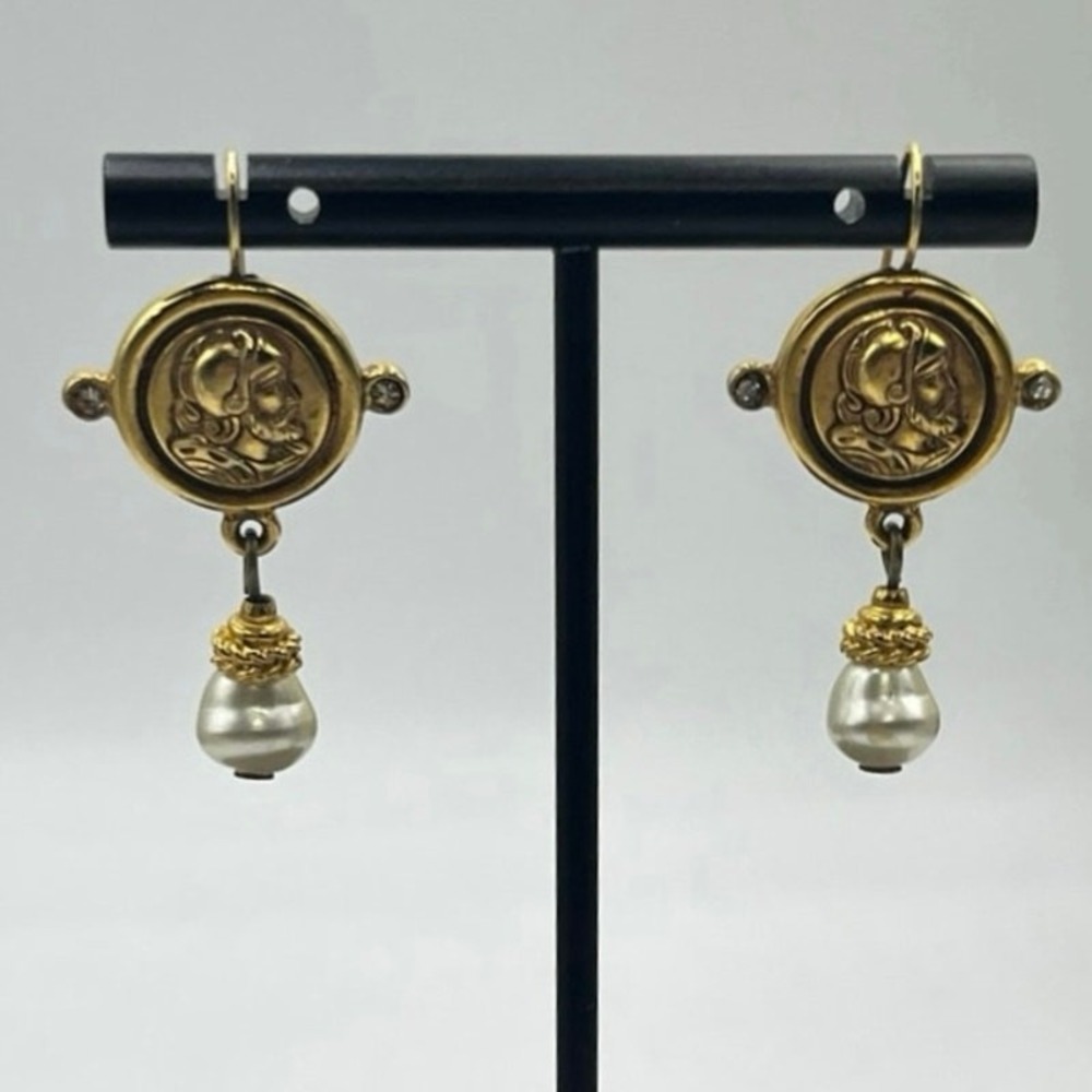 Ben-Amun Designer Gold Plated  Roman‎ Coin White Glass Pearl Dangle Earrings